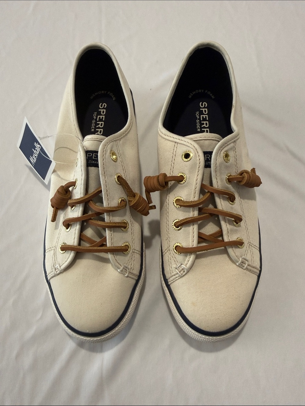 NEW Sperry Cream Canvas Low-Top Sneakers with Brown Laces